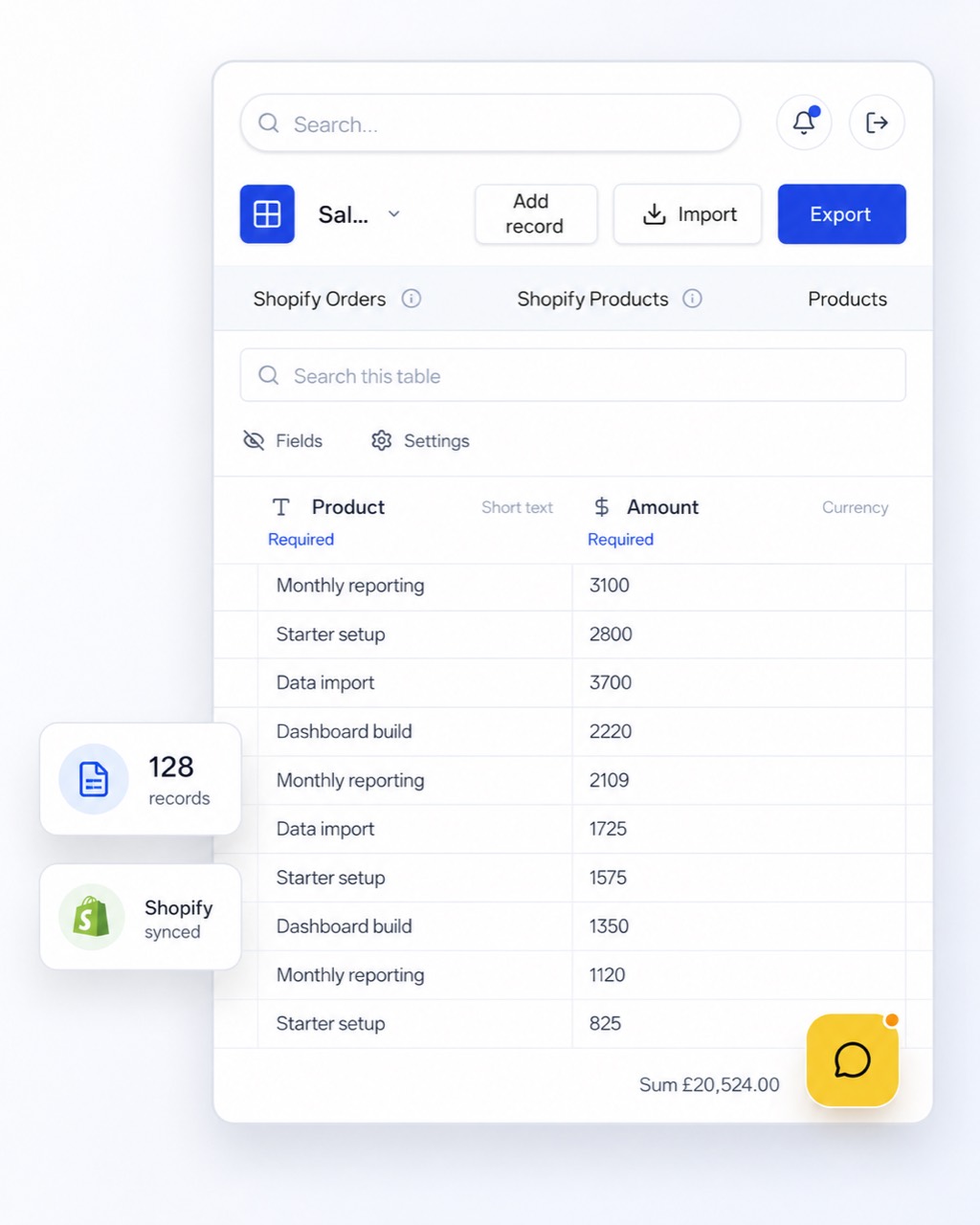 Datro table view showing Shopify synced records